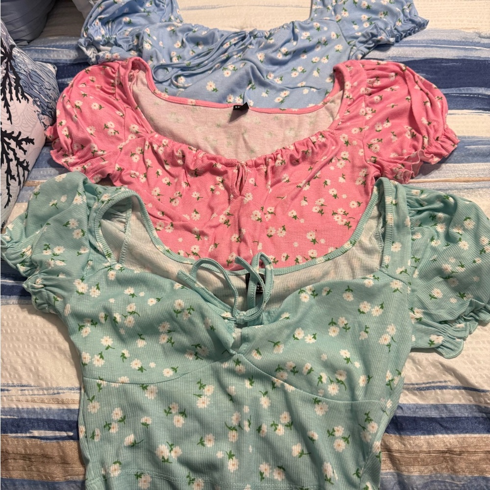 SHEIN Floral Print Blouses - Blue, Pink, Green